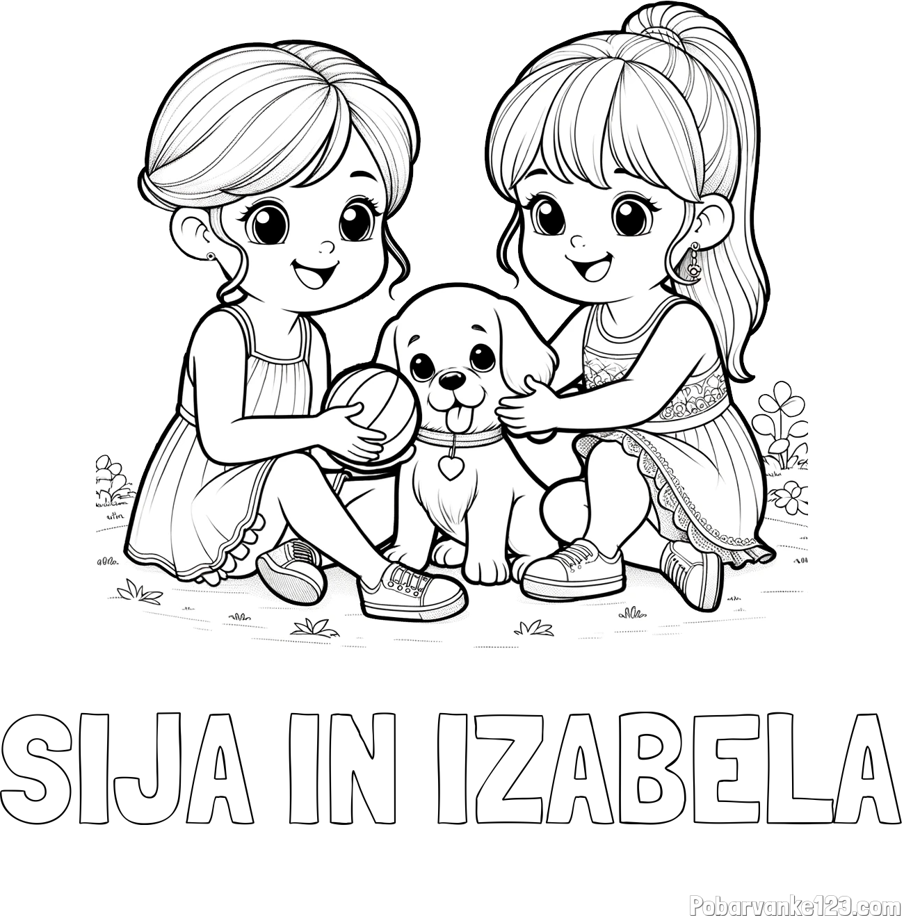 Pobarvanka imena SIJA IN IZABELA in pobarvanka prijateljic s kužkom