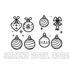 Online izdelana pobarvanka - Pobarvanka imena SREČNO 2025. 2026 in pobarvanka božičnih okraskov za na smrečico