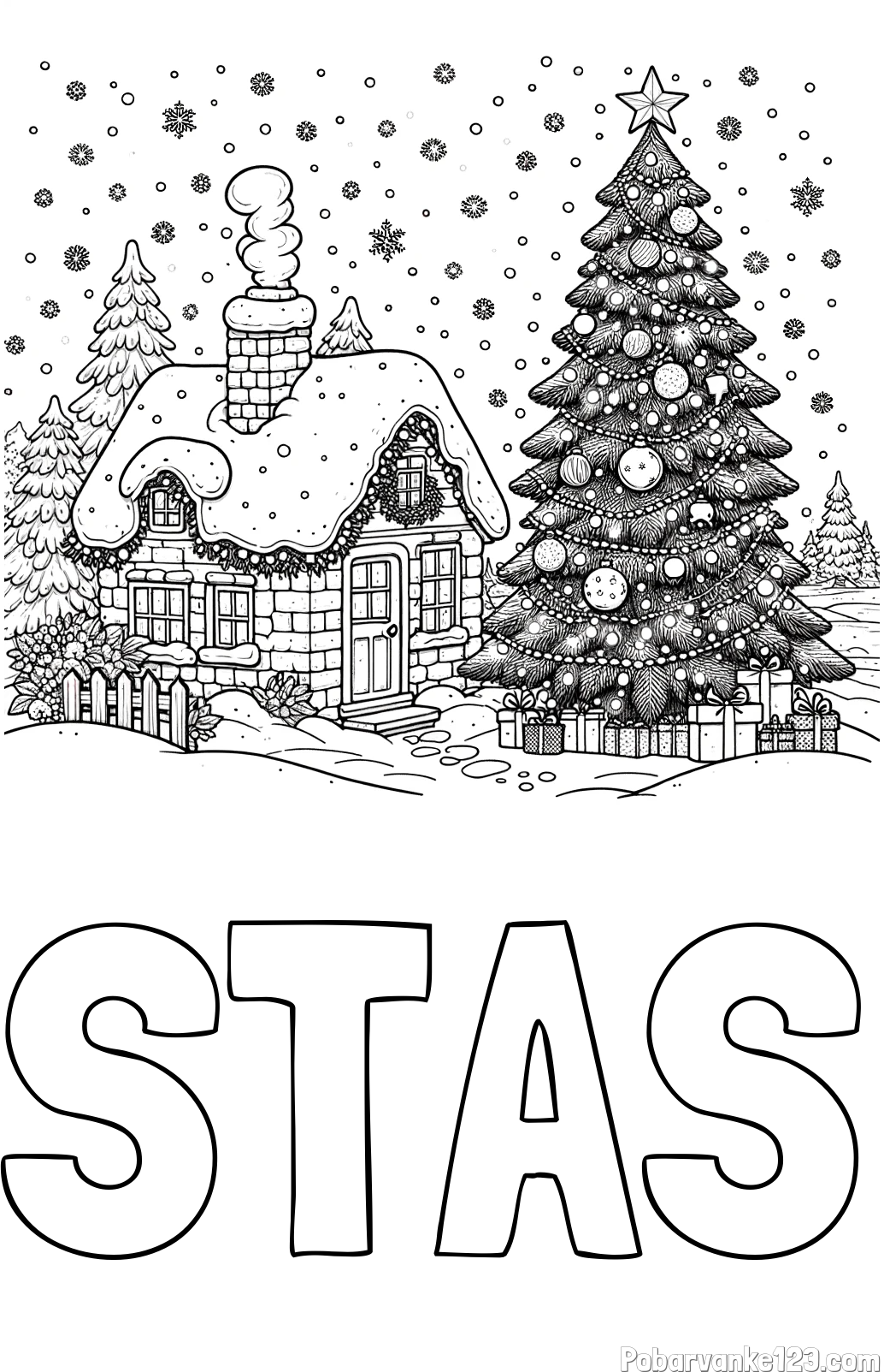 Pobarvanka imena STAŠ in pobarvanka zasnežene hiške na božično noč