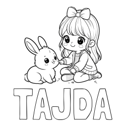Online izdelana pobarvanka - Pobarvanka imena TAJDA in pobarvanka ljubke punčke, ki se igra z zajčkom