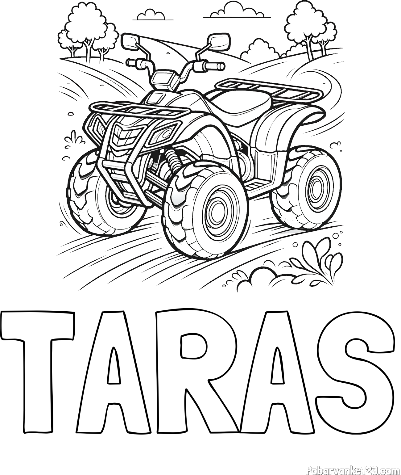 Pobarvanka imena TARAS in pobarvanka štirikolesnika na cesti