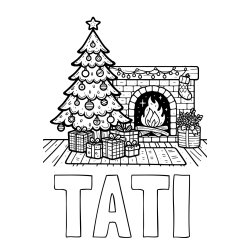 Online izdelana pobarvanka - Pobarvanka imena TATI in pobarvanka božične noči z božično smrečico, darili ter kaminom