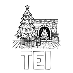 Online izdelana pobarvanka - Pobarvanka imena TEI in pobarvanka božične noči z božično smrečico, darili ter kaminom