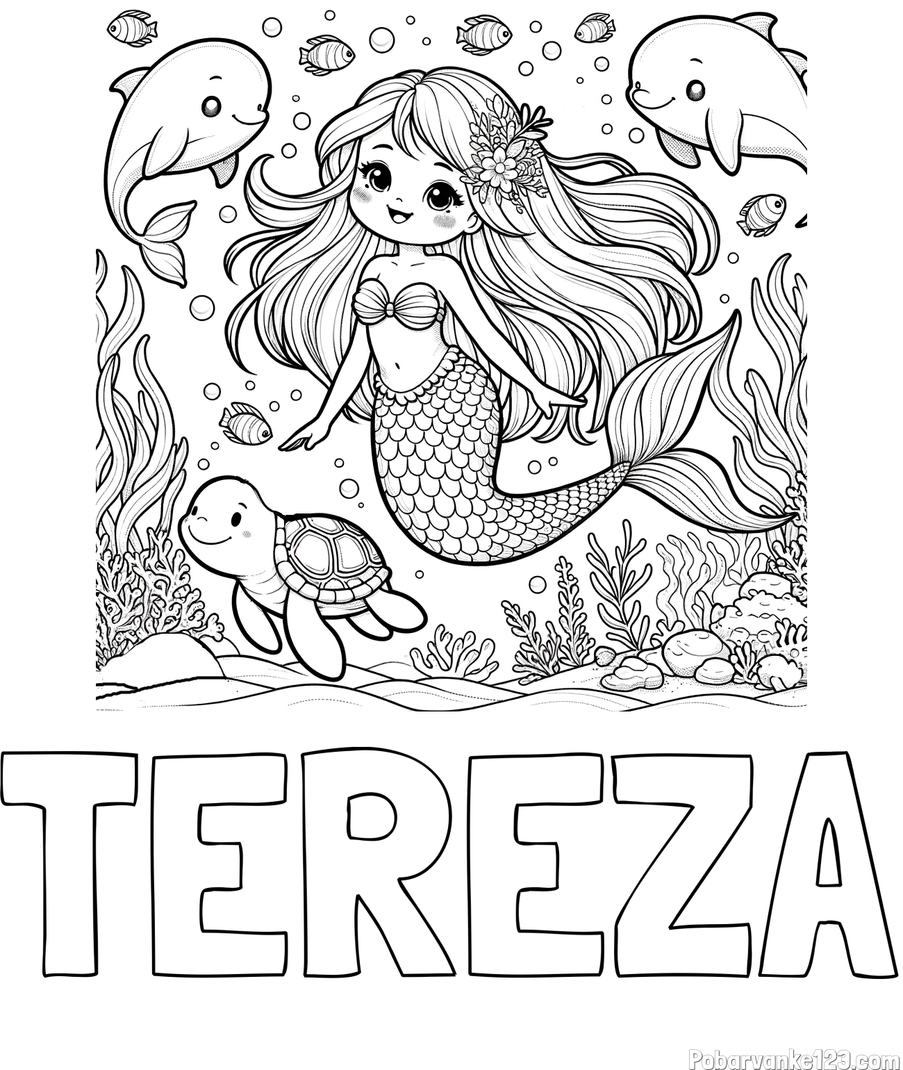 Pobarvanka imena TEREZA in pobarvana ljubke morske deklice s prijatelji
