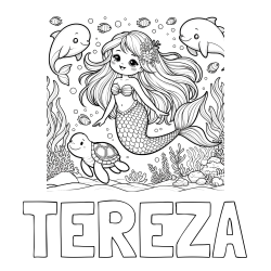 Online izdelana pobarvanka - Pobarvanka imena TEREZA in pobarvana ljubke morske deklice s prijatelji