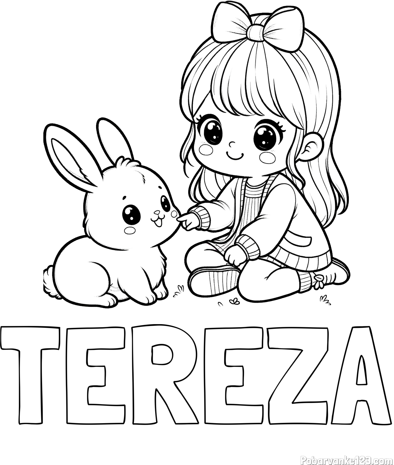 Pobarvanka imena TEREZA in pobarvanka ljubke punčke, ki se igra z zajčkom