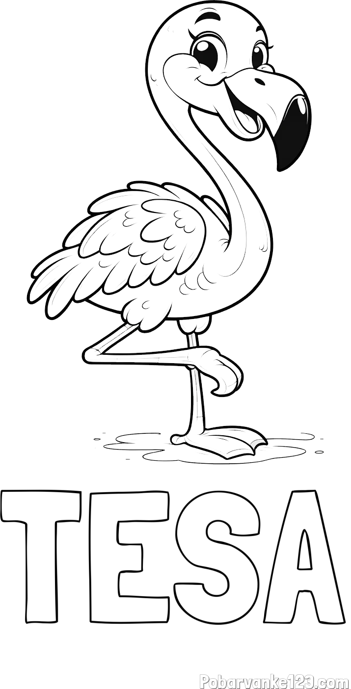 Pobarvanka imena TESA in otroška pobarvanka prikupnega flaminga