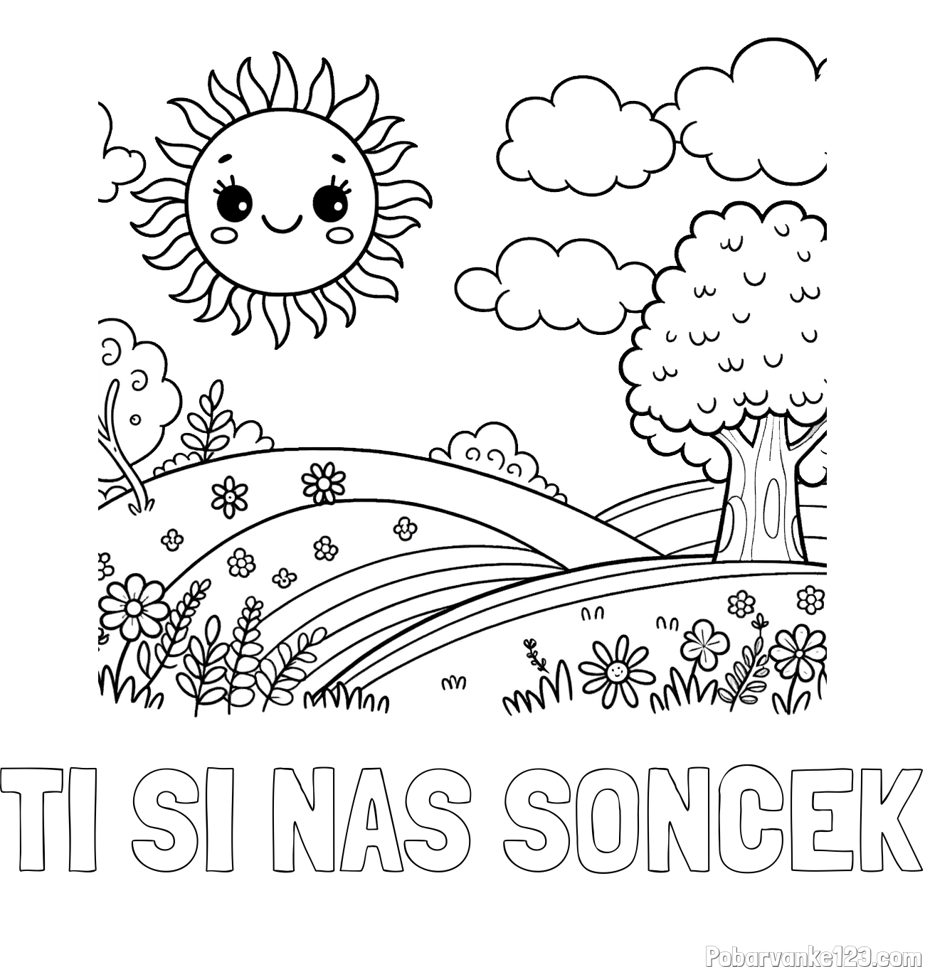 Pobarvanka imena TI SI NAŠ SONČEK in otroška pobarvanka narave