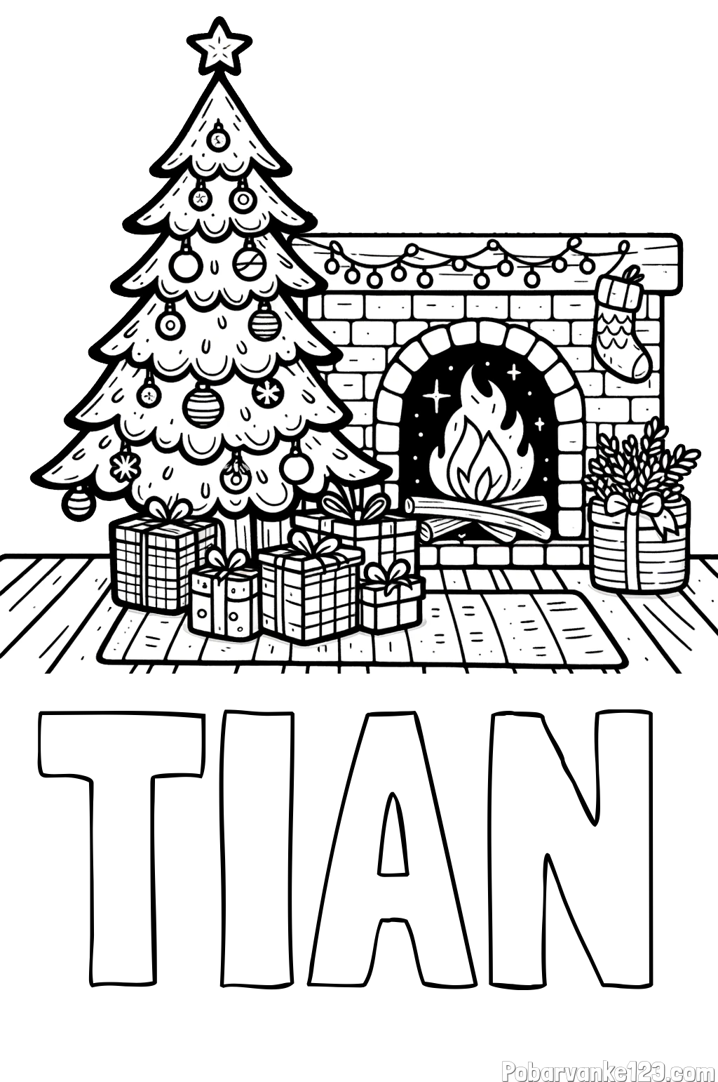 Pobarvanka imena TIAN in pobarvanka božične noči z božično smrečico, darili ter kaminom