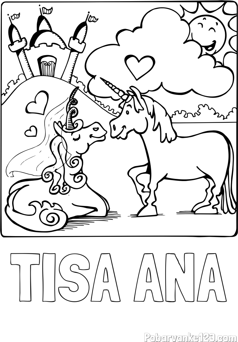 Pobarvanka imena TISA ANA in pobarvanka zaljubljenih samorogov