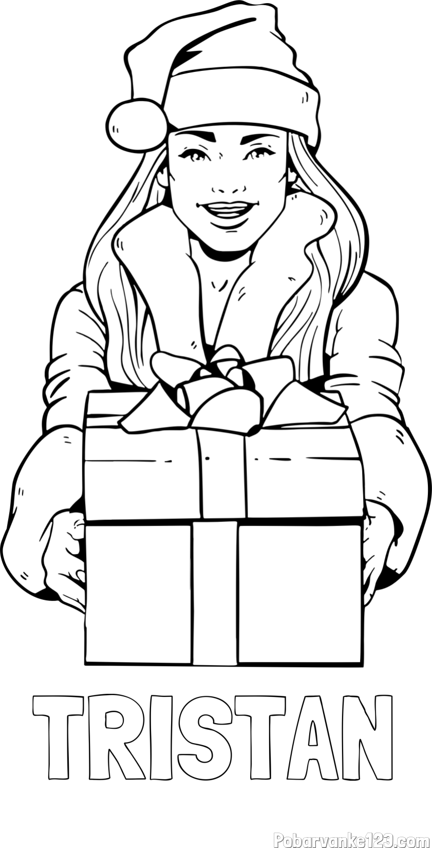 Pobarvanka imena TRISTAN in pobarvanka ženske oblečene v Božička z darilom