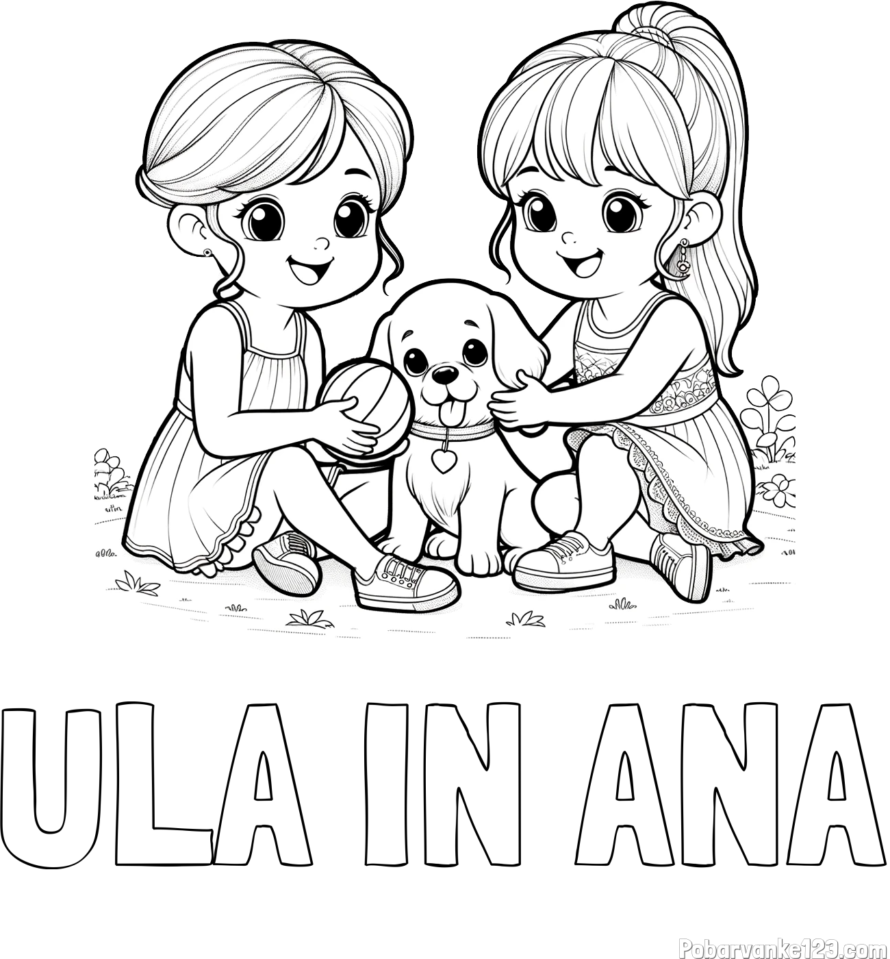 Pobarvanka imena ULA IN ANA in pobarvanka prijateljic s kužkom