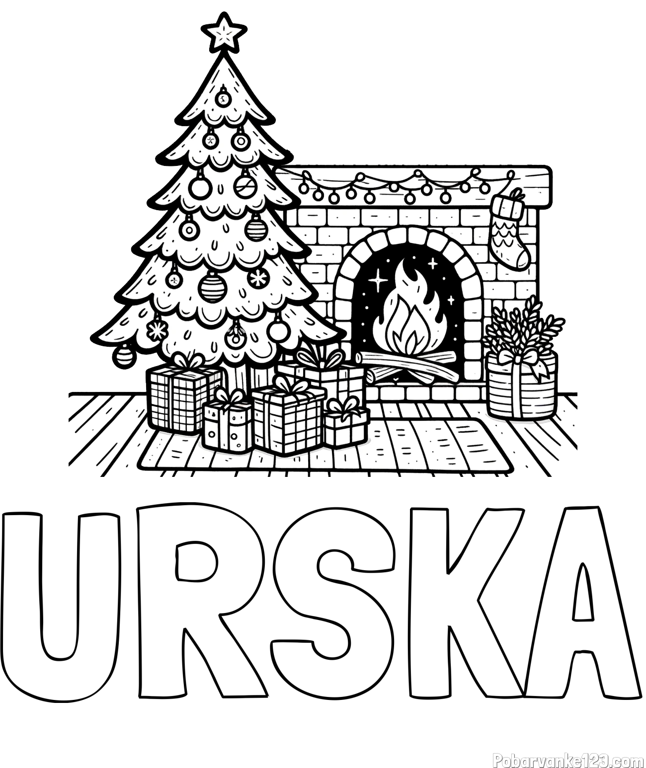 Pobarvanka imena URŠKA in pobarvanka božične noči z božično smrečico, darili ter kaminom