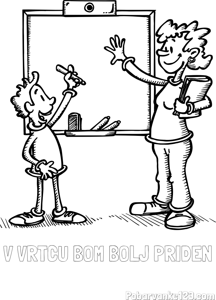 Pobarvanka imena V VRTCU BOM BOLJ PRIDEN in pobarvanka učiteljice in učenca pred tablo