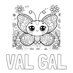Online izdelana pobarvanka - Pobarvanka imena VAL GAL in pobarvanka ljubkega metuljčka