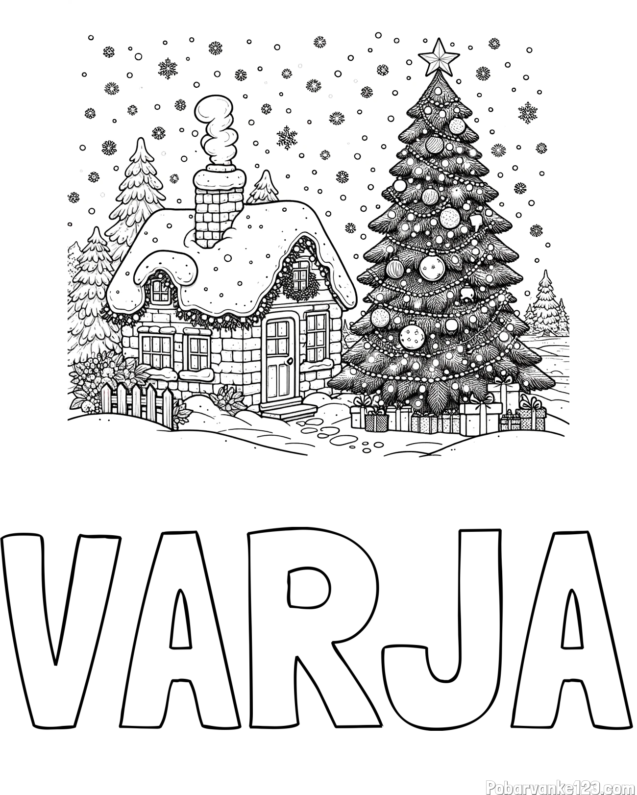 Pobarvanka imena VARJA in pobarvanka zasnežene hiške na božično noč