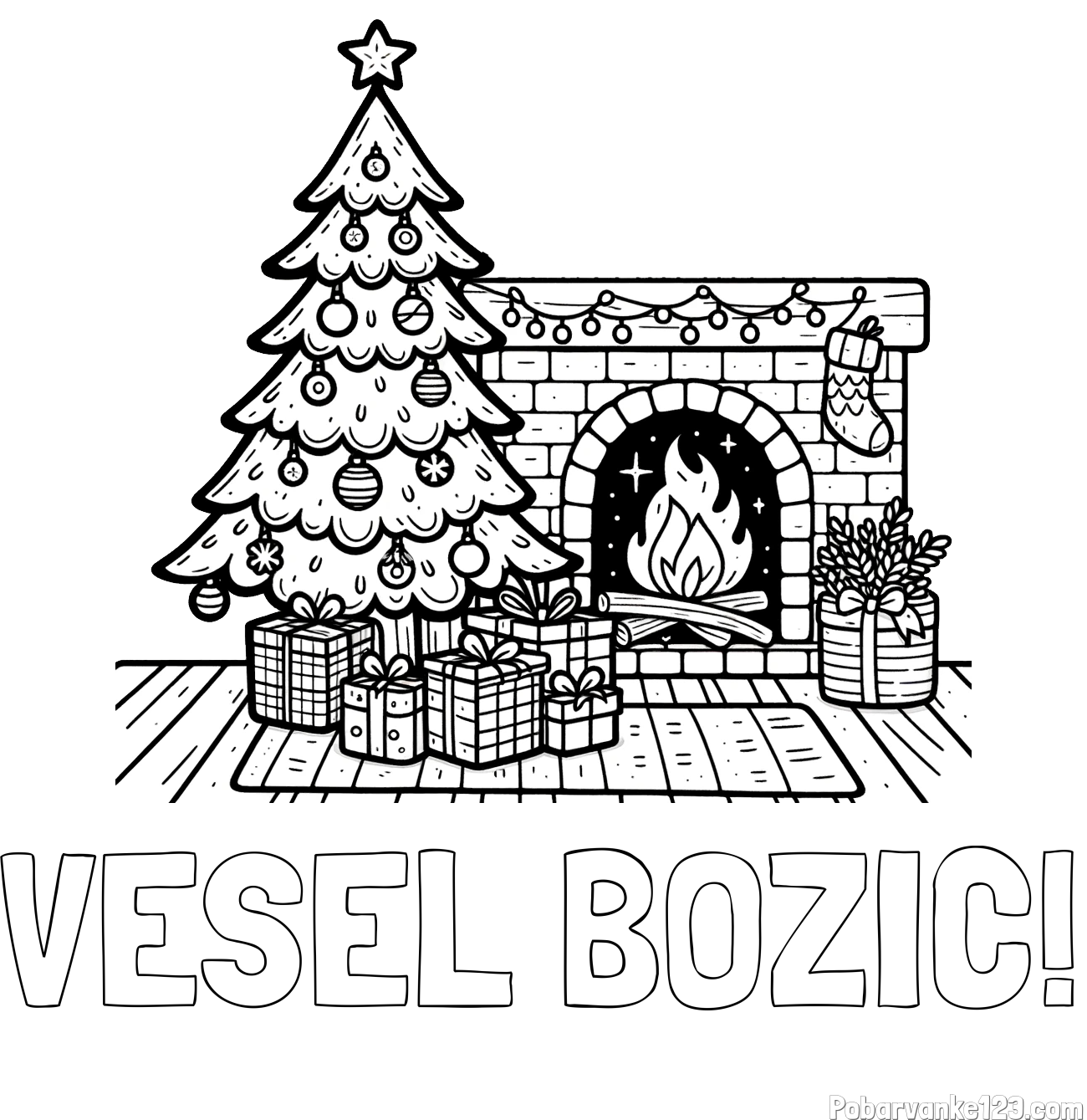 Pobarvanka imena VESEL BOZIC! in pobarvanka božične noči z božično smrečico, darili ter kaminom