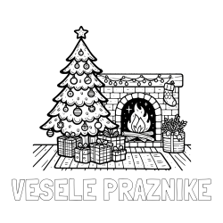 Online izdelana pobarvanka - Pobarvanka imena VESELE PRAZNIKE in pobarvanka božične noči z božično smrečico, darili ter kaminom