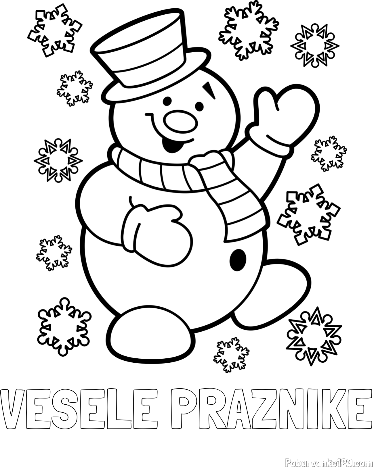 Pobarvanka imena VESELE PRAZNIKE in pobarvanka veselega snežaka