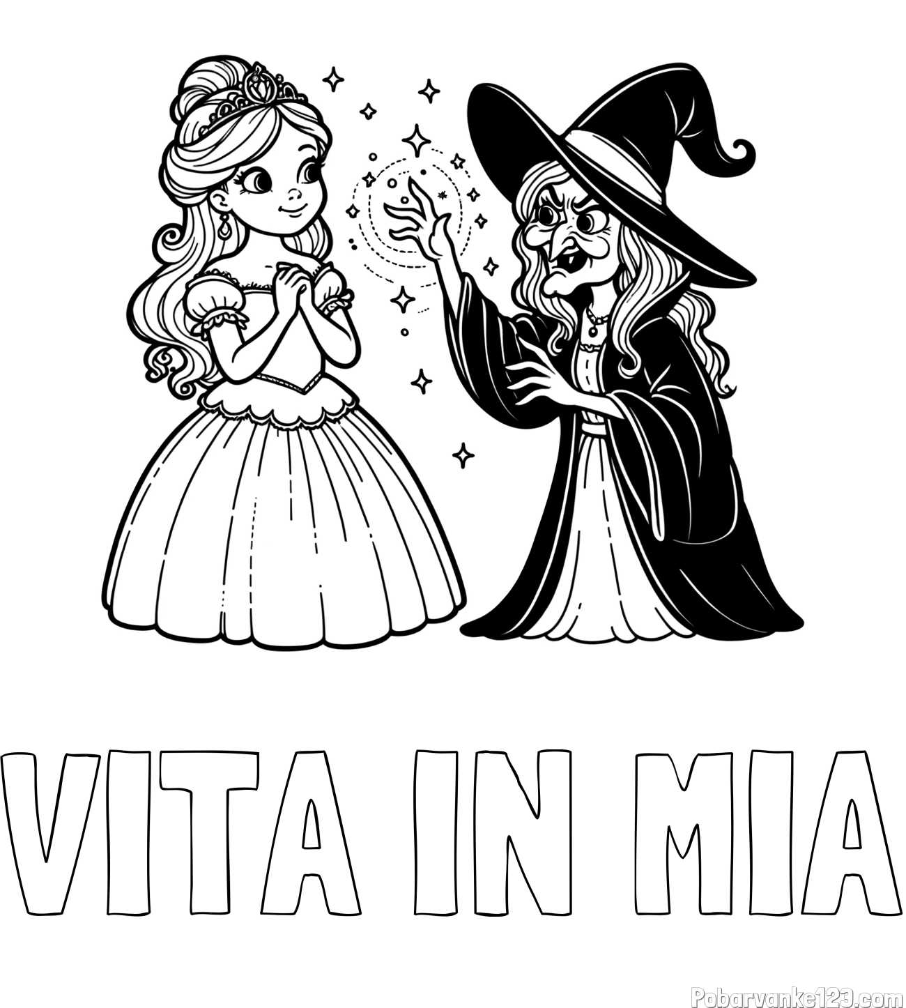 Pobarvanka imena VITA IN MIA in pobarvanka zlobne čarovnice, ki poskuša začarati princesko