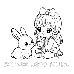 Online izdelana pobarvanka - Pobarvanka imena VSE NAJBOLJSE ZA TVOJ ROJ in pobarvanka ljubke punčke, ki se igra z zajčkom