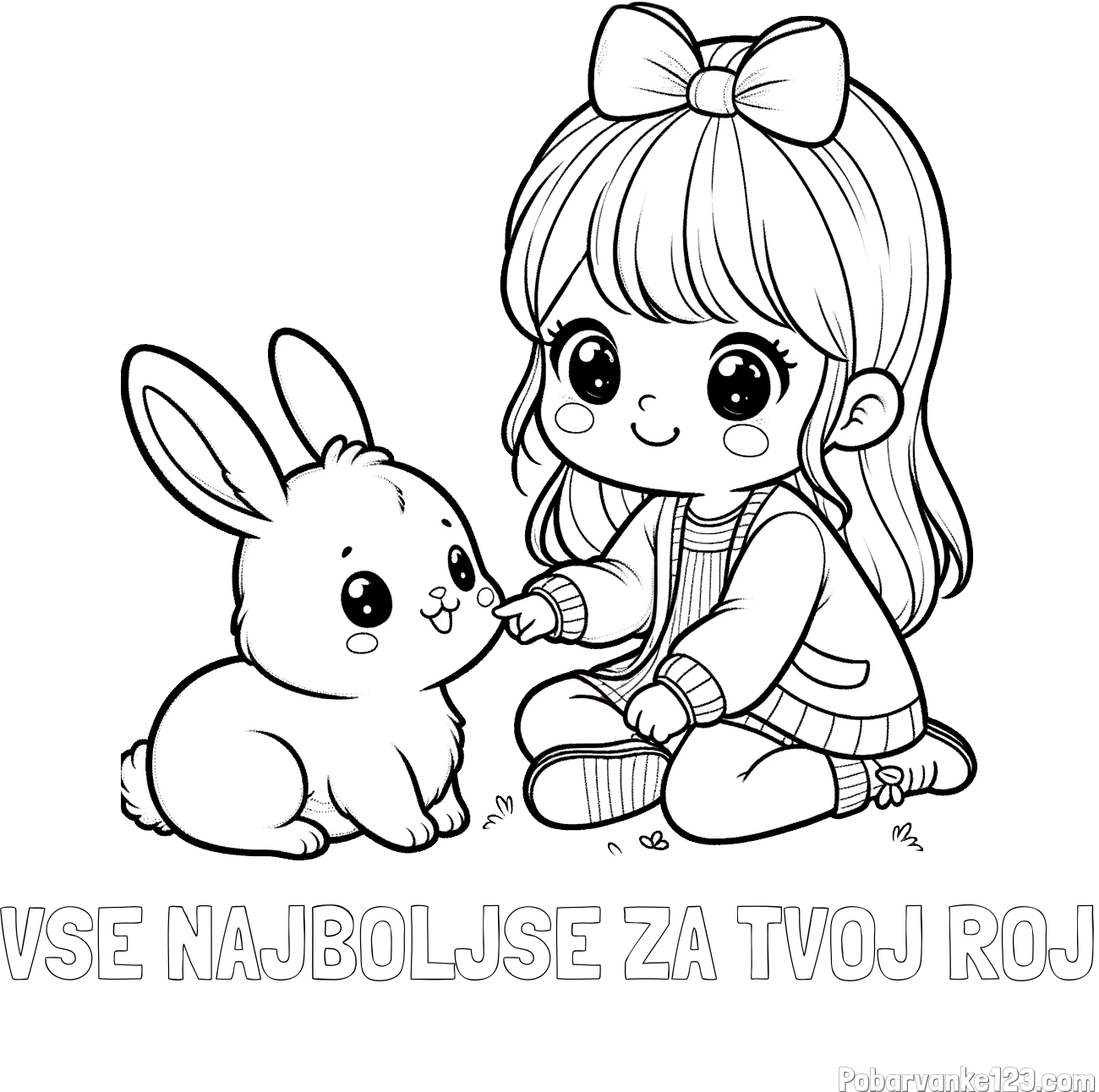 Pobarvanka imena VSE NAJBOLJSE ZA TVOJ ROJ in pobarvanka ljubke punčke, ki se igra z zajčkom