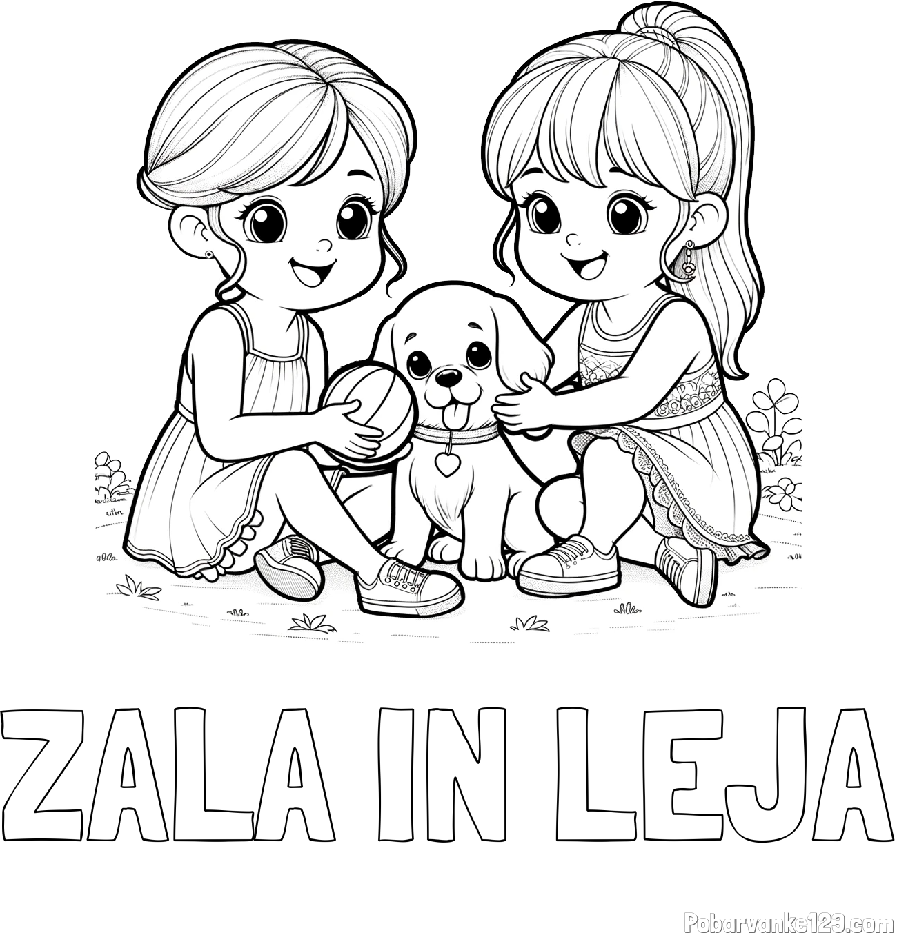 Pobarvanka imena ZALA IN LEJA in pobarvanka prijateljic s kužkom