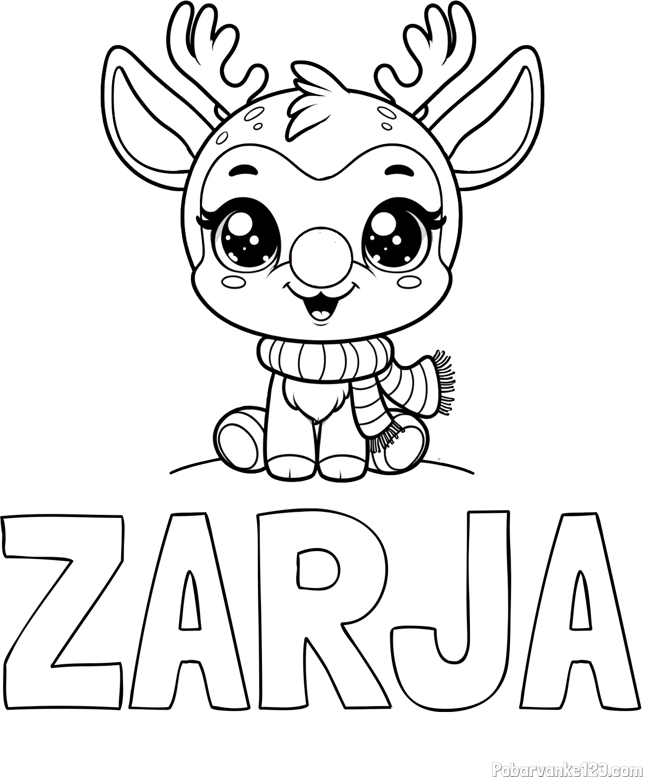 Pobarvanka imena ZARJA in otroška pobarvanka jelenčka Rudolfa s šalom okoli vratu