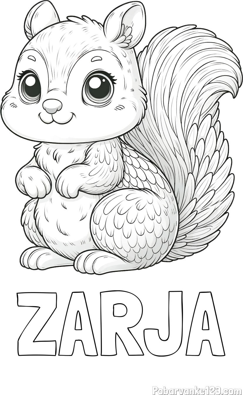 Pobarvanka imena ZARJA in pobarvanka ljubke in nasmejane veverice