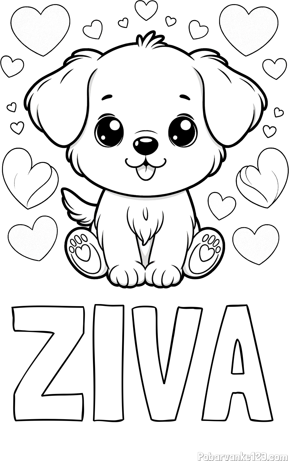 Pobarvanka imena ŽIVA in pobarvanka ljubkega kužka obdanega s srčki