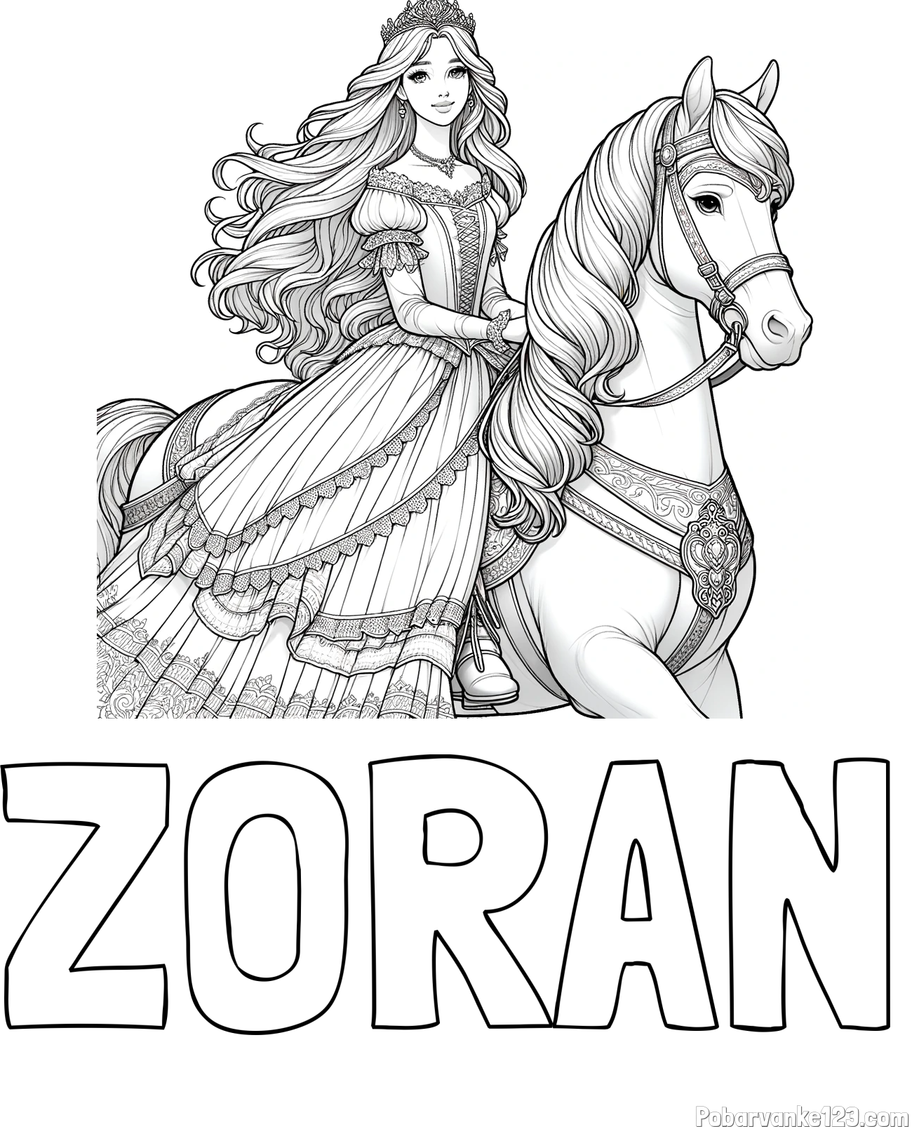 Pobarvanka imena ZORAN in pobarvanka nasmejana princese na konju