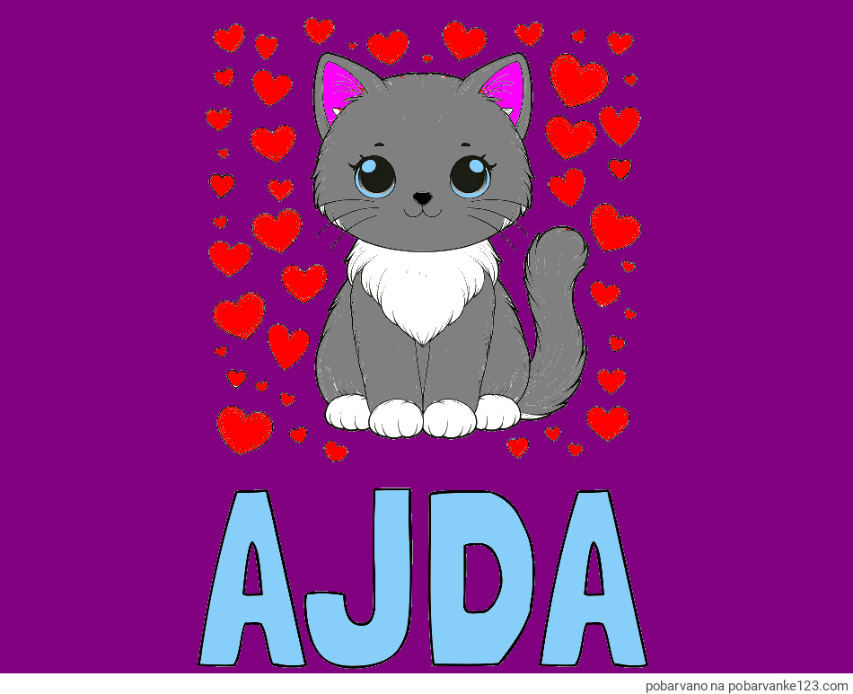 POBARVANA POBARVANKA - Pobarvanka imena AJDA in pobarvanka ljubke mucke obdane s srčki