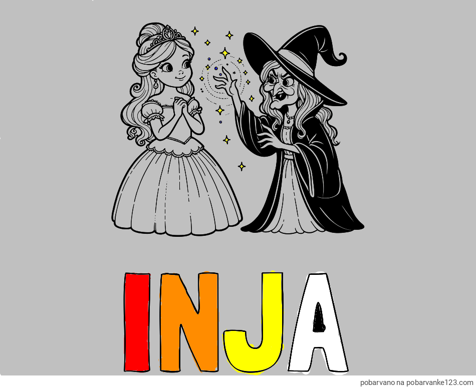 POBARVANA POBARVANKA - Pobarvanka imena INJA in pobarvanka zlobne čarovnice, ki poskuša začarati princesko