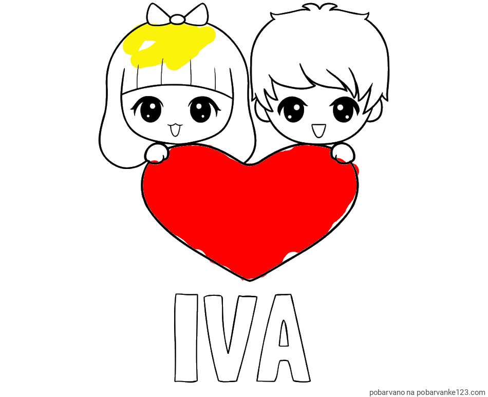POBARVANA POBARVANKA - Pobarvanka imena IVA in pobarvanka fantka in deklice, ki objemata srček