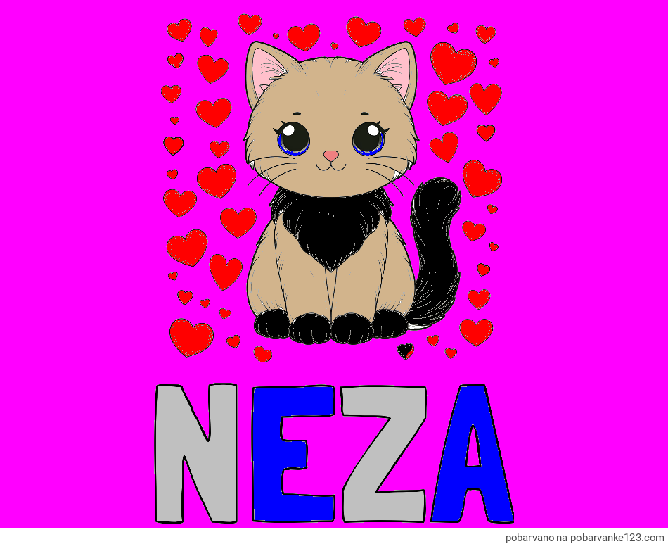 POBARVANA POBARVANKA - Pobarvanka imena NEŽA in pobarvanka ljubke mucke obdane s srčki