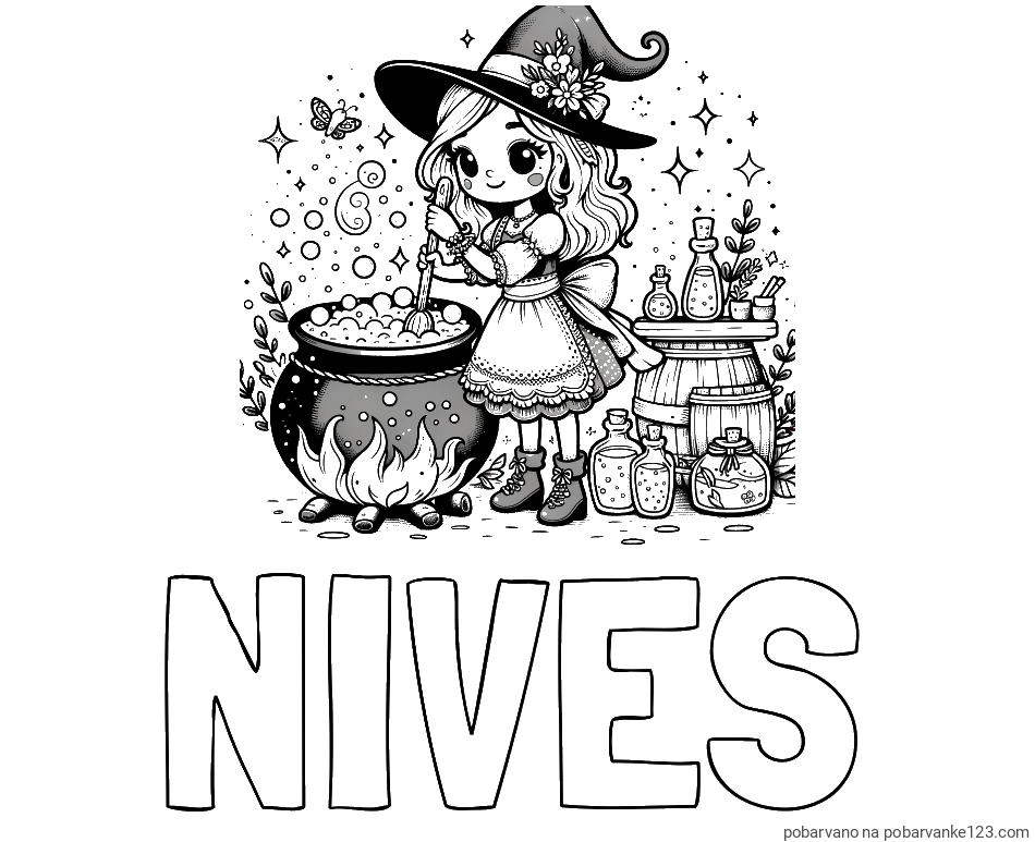 POBARVANA POBARVANKA - Pobarvanka imena NIVES in pobarvanka prikupna čarovnica, ki pripravlja čarobni napoj