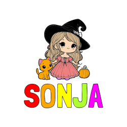 Pobarvana pobarvanka - Pobarvanka imena SONJA in pobarvanka ljubke čarovnice, muce in buče