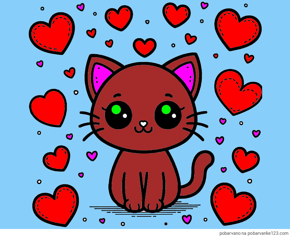 POBARVANA POBARVANKA - Pobarvanka ljubke mucke obdane z veliko srčki