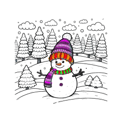 Pobarvana pobarvanka - Pobarvanka snežaka v naravi obdanega z zasneženimi smrekami