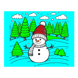 Pobarvana pobarvanka - Pobarvanka snežaka v naravi obdanega z zasneženimi smrekami