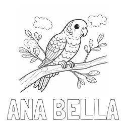 Online izdelana pobarvanka - Pobarvanka imena ANA BELLA in pobarvanka ljubkega kanarčka na veji