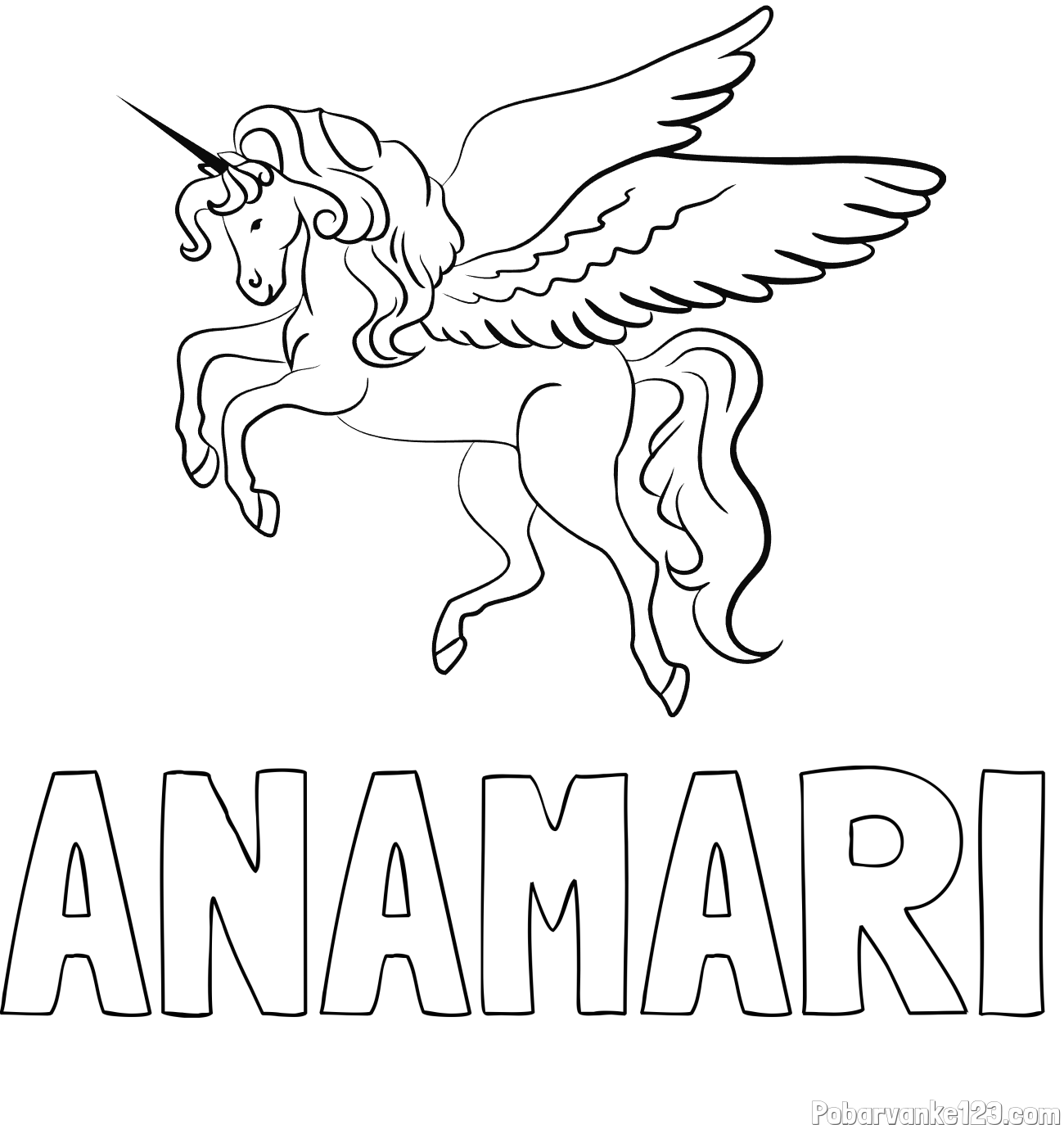 Pobarvanka imena ANAMARI in lepa pobarvanka samoroga