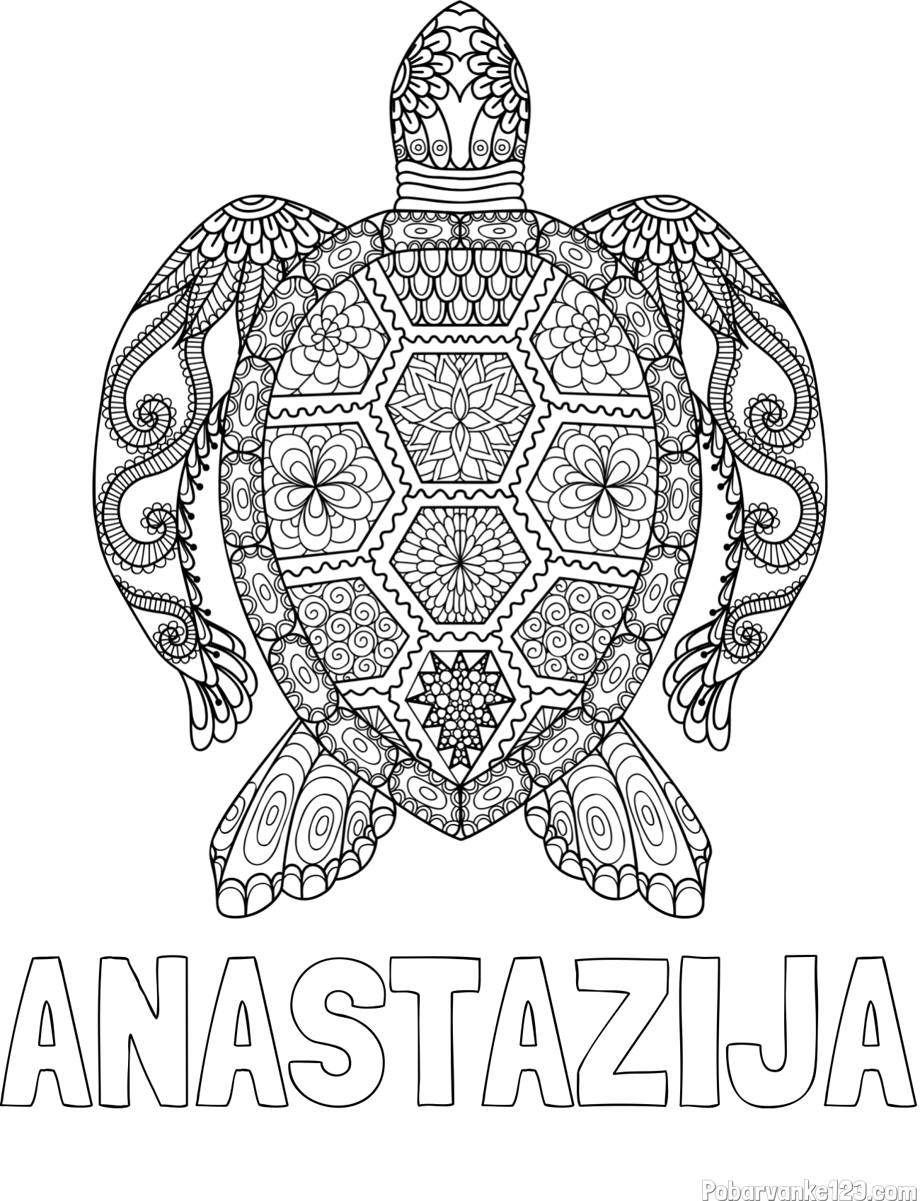Pobarvanka imena ANASTAZIJA in pobarvanka želve - mandale