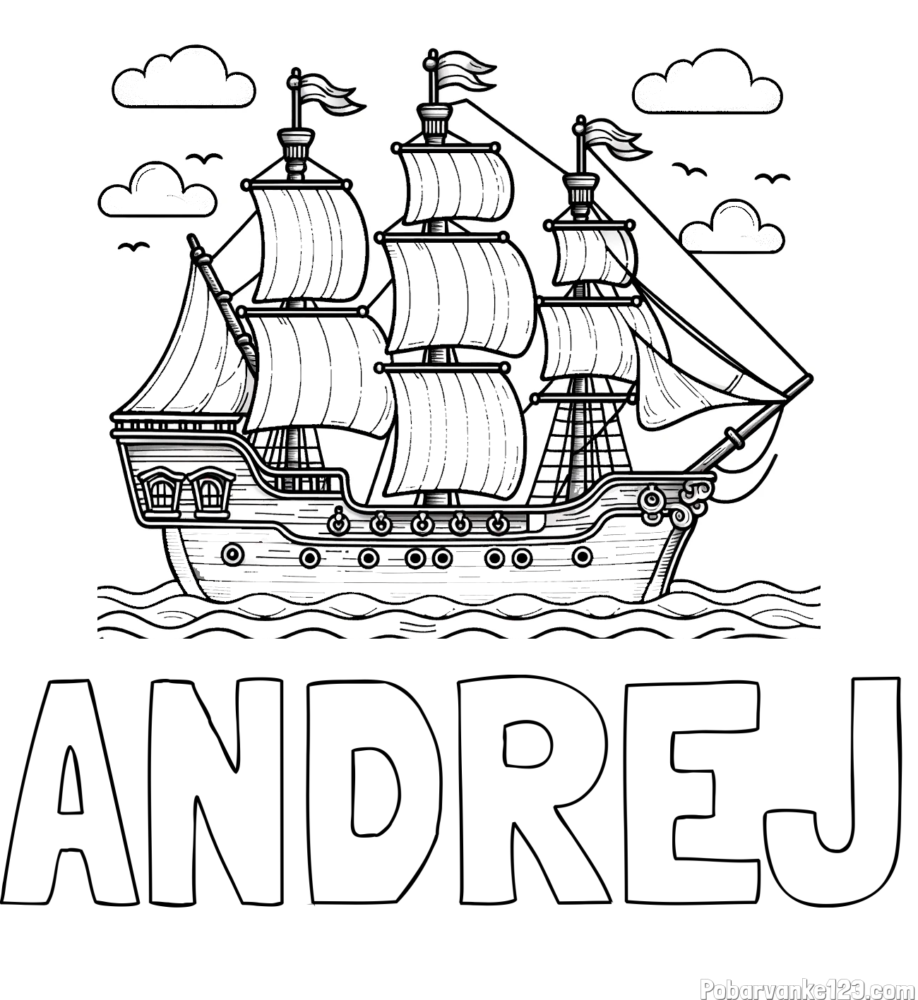 Pobarvanka imena ANDREJ in pobarvanka stare gusarske ladje