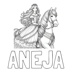 Online izdelana pobarvanka - Pobarvanka imena ANEJA in pobarvanka nasmejana princese na konju
