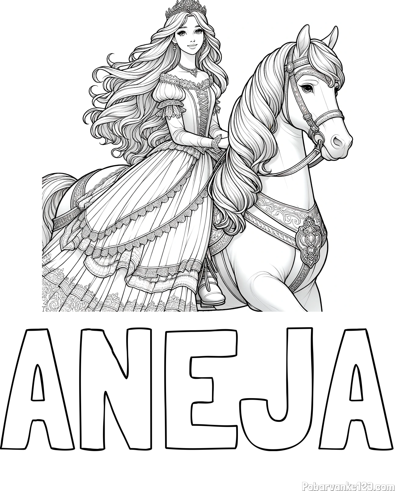 Pobarvanka imena ANEJA in pobarvanka nasmejana princese na konju