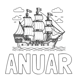 Online izdelana pobarvanka - Pobarvanka imena ANUAR in pobarvanka stare gusarske ladje
