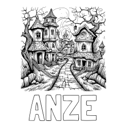 Online izdelana pobarvanka - Pobarvanka imena ANZE in pobarvanka začaranih hišk