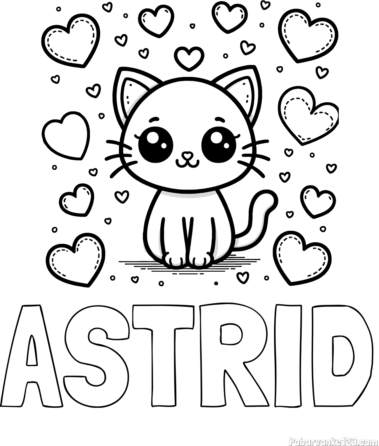 Pobarvanka imena ASTRID in pobarvanka ljubke mucke obdane z veliko srčki