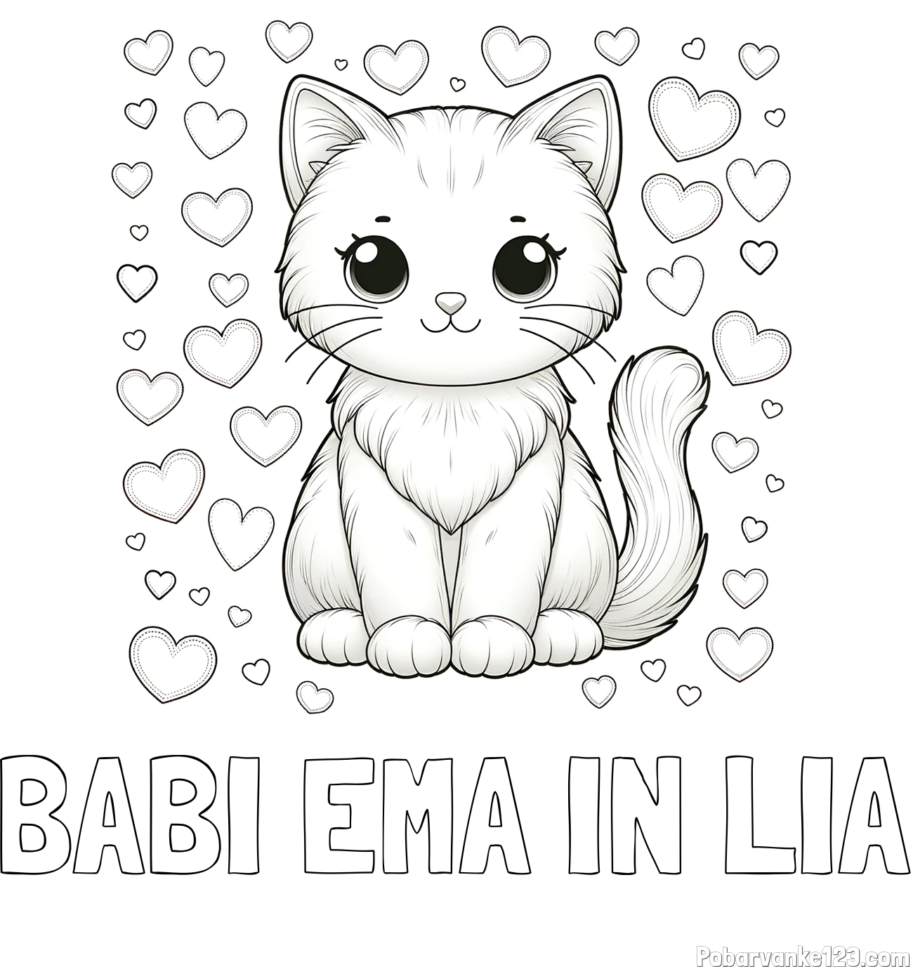 Pobarvanka imena BABI EMA IN LIA in pobarvanka ljubke mucke obdane s srčki